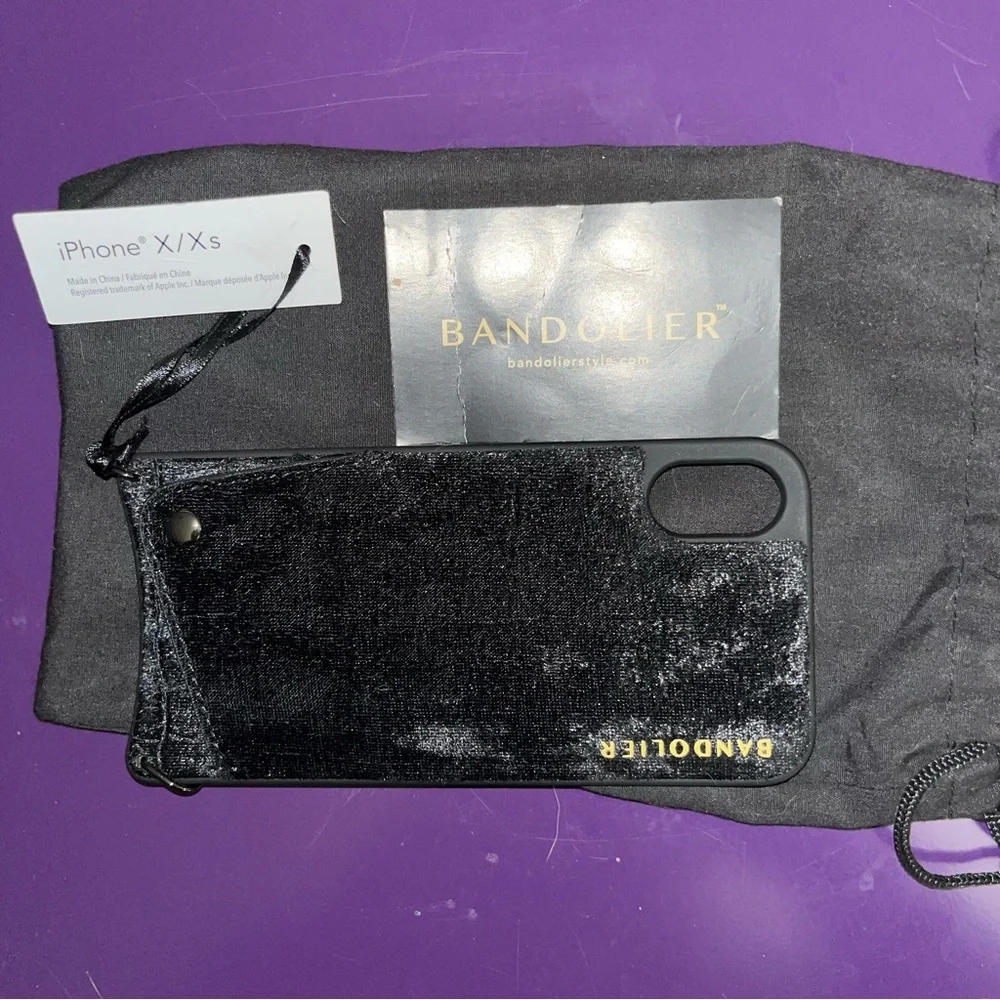 Bandolier black velvet phone case crossbody strap fits IPhone X & XS card slot